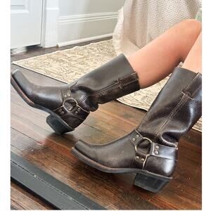 Frye Vintage Brown Leather Mid Calf Square Toe Harness Boots 8.5